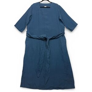 Len Ok Midi Dress Womens XXL Blue 100% Linen Belted Pockets Lagenlook Lagom